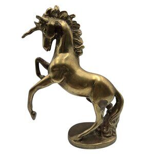 Vintage Brass Rearing Unicorn Figurine With Flowing Mane & Tail